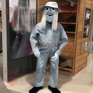 Silver Ghost mascot costume character dressed with a Chambray Shirt and Shoe clips