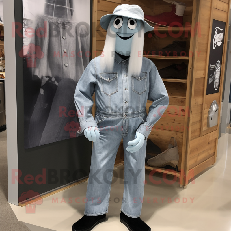 Silver Ghost mascot costume character dressed with a Chambray Shirt and Shoe clips Silver Ghost mascot costume character dressed with a Chambray Shirt and Shoe clips