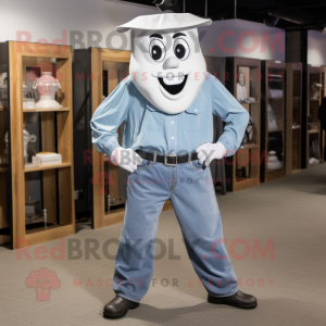 Silver Ghost mascot costume character dressed with a Chambray Shirt and Shoe clips
