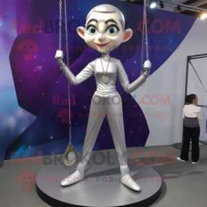 Silver Trapeze Artist mascot costume character dressed with a Yoga Pants and Earrings