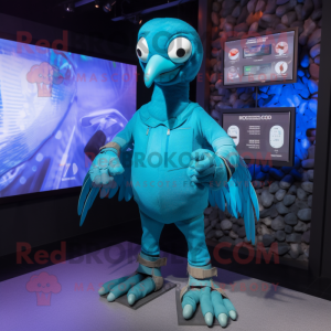 Cyan Dodo Bird mascot costume character dressed with a Graphic Tee and Smartwatches