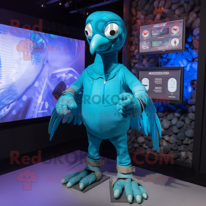 Cyan Dodo Bird mascot costume character dressed with a Graphic Tee and Smartwatches