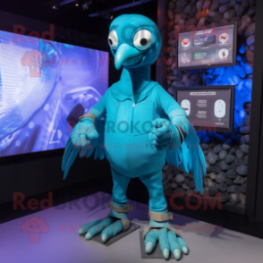 Cyan Dodo Bird mascot costume character dressed with a Graphic Tee and Smartwatches