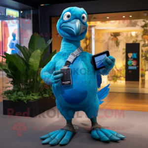 Cyan Dodo Bird mascot costume character dressed with a Graphic Tee and Smartwatches