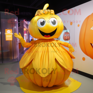 Gold Pumpkin mascot costume character dressed with a Skirt and Gloves