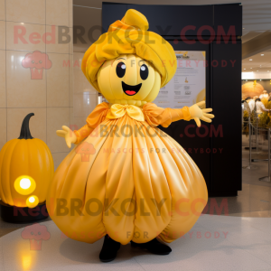 Gold Pumpkin mascot costume character dressed with a Skirt and Gloves