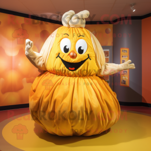 Gold Pumpkin mascot costume character dressed with a Skirt and Gloves