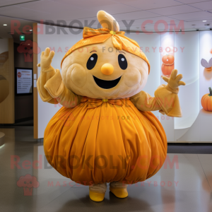 Gold Pumpkin mascot costume character dressed with a Skirt and Gloves