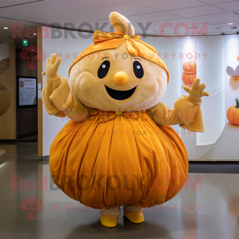 Gold Pumpkin mascot costume character dressed with a Skirt and Gloves Gold Pumpkin mascot costume character dressed with a Skirt and Gloves