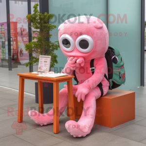 Pink Octopus mascot costume character dressed with a Turtleneck and Reading glasses