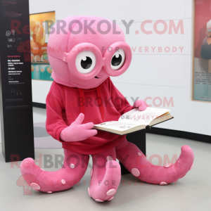 Pink Octopus mascot costume character dressed with a Turtleneck and Reading glasses