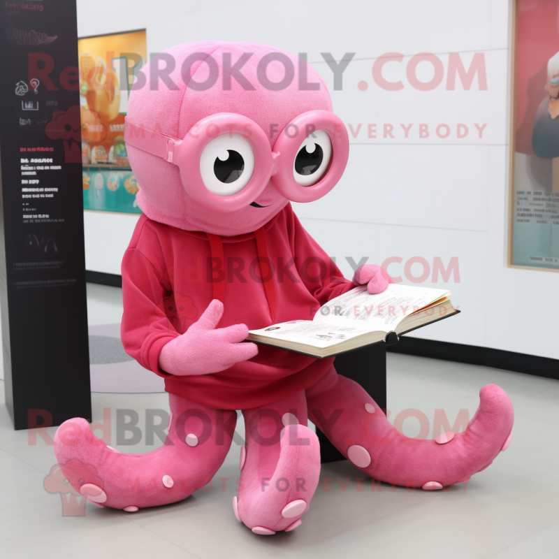 Pink Octopus mascot costume character dressed with a Turtleneck and Reading glasses