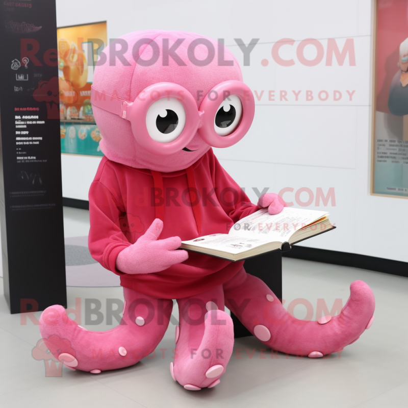 Pink Octopus mascot costume character dressed with a Turtleneck and Reading glasses Pink Octopus mascot costume character dressed with a Turtleneck and Reading glasses