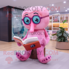 Pink Octopus mascot costume character dressed with a Turtleneck and Reading glasses