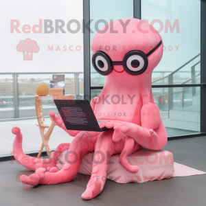 Pink Octopus mascot costume character dressed with a Turtleneck and Reading glasses