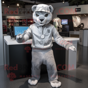 Silver Puma mascot costume character dressed with a Shorts and Caps