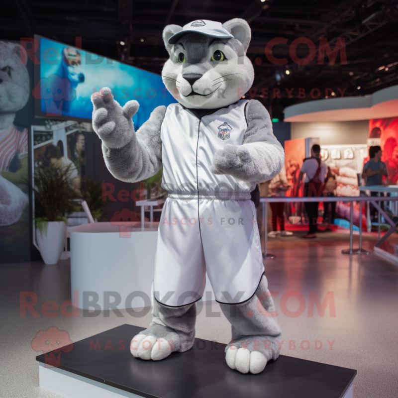 Silver Puma mascot costume character dressed with a Shorts and Caps Silver Puma mascot costume character dressed with a Shorts and Caps