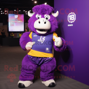 Purple Buffalo mascot costume character dressed with a Tank Top and Digital watches