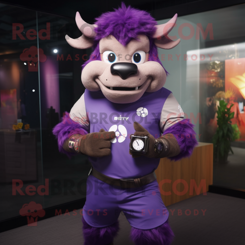 Purple Buffalo mascot costume character dressed with a Tank Top and Digital watches