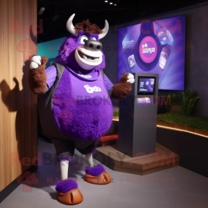 Purple Buffalo mascot costume character dressed with a Tank Top and Digital watches