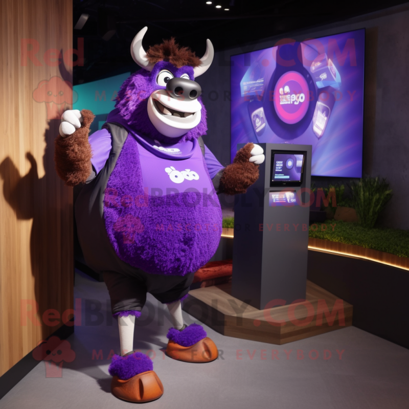 Purple Buffalo mascot costume character dressed with a Tank Top and Digital watches Purple Buffalo mascot costume character dressed with a Tank Top and Digital watches