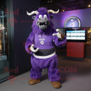 Purple Buffalo mascot costume character dressed with a Tank Top and Digital watches