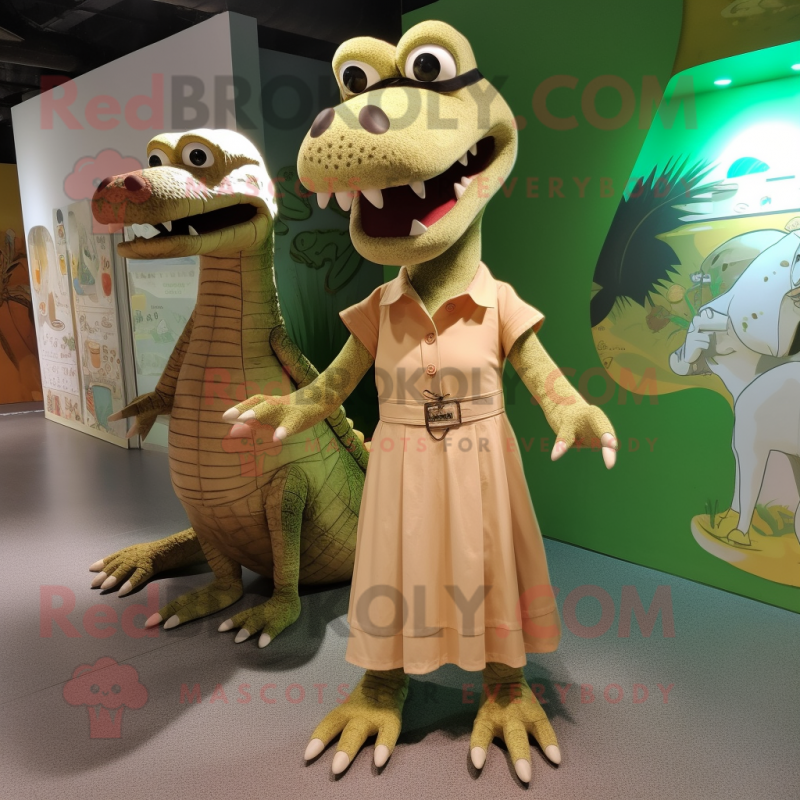 Tan Crocodile mascot costume character dressed with a Sheath Dress and Earrings