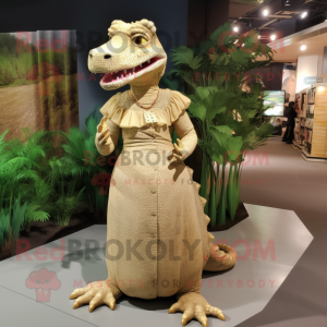 Tan Crocodile mascot costume character dressed with a Sheath Dress and Earrings