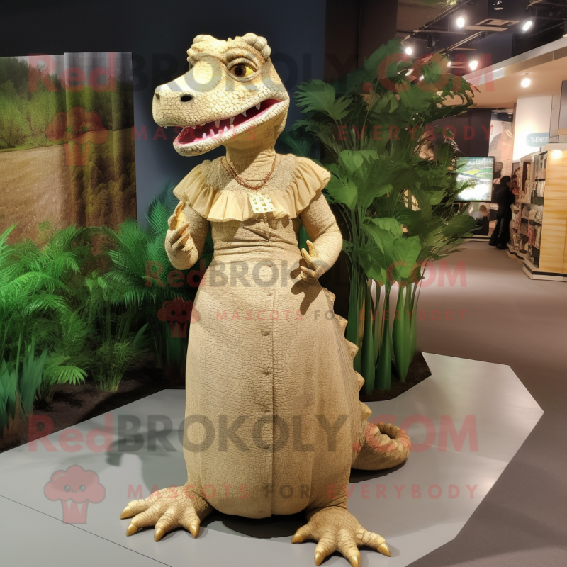 Tan Crocodile mascot costume character dressed with a Sheath Dress and Earrings Tan Crocodile mascot costume character dressed with a Sheath Dress and Earrings