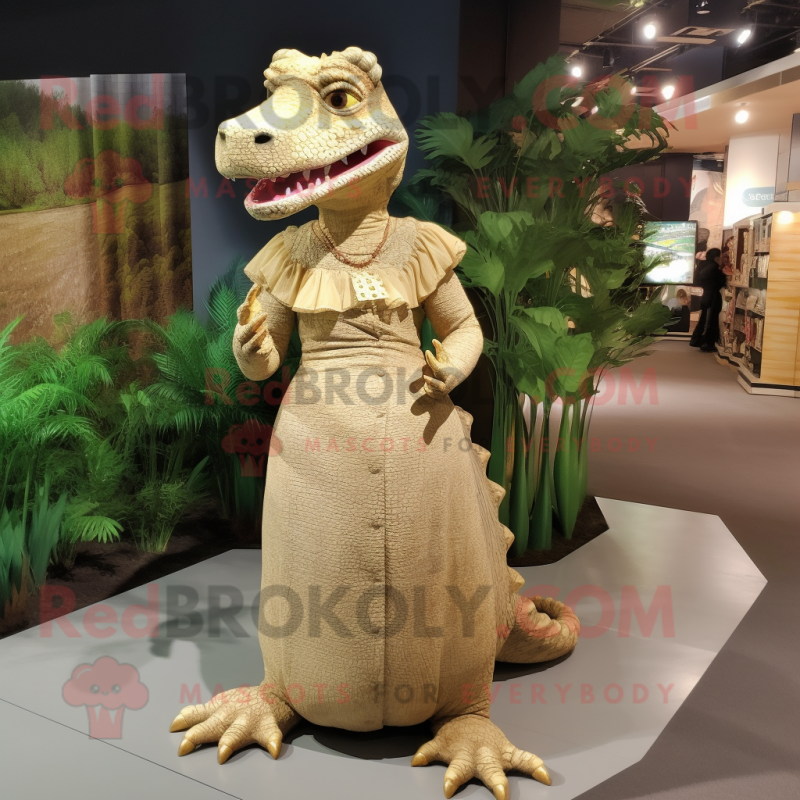 Tan Crocodile mascot costume character dressed with a Sheath Dress and Earrings