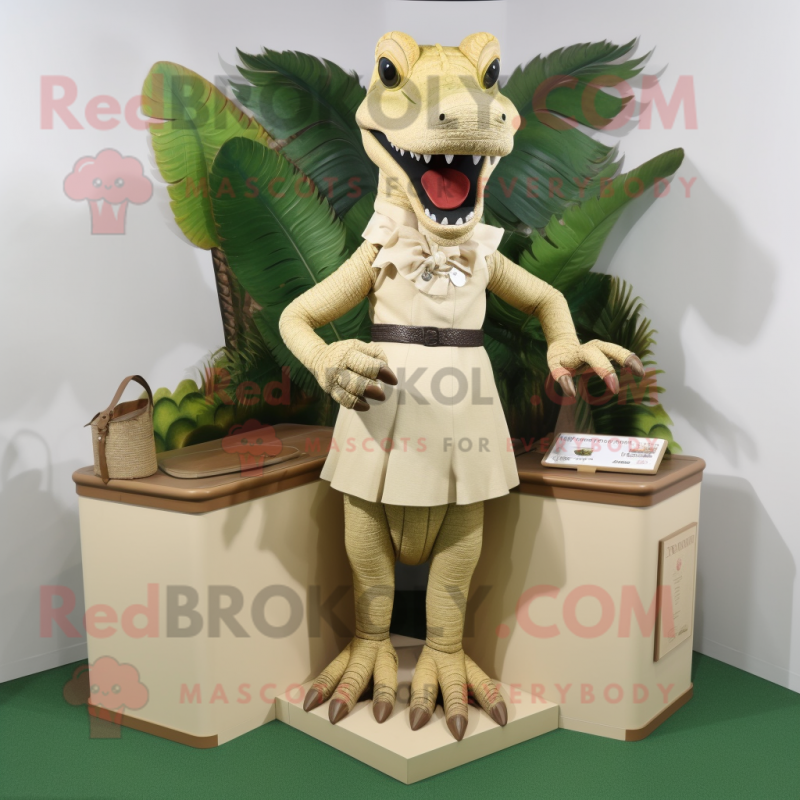 Tan Crocodile mascot costume character dressed with a Sheath Dress and Earrings Tan Crocodile mascot costume character dressed with a Sheath Dress and Earrings