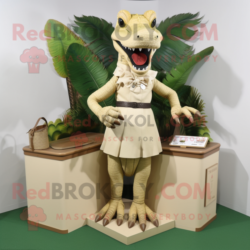 Tan Crocodile mascot costume character dressed with a Sheath Dress and Earrings