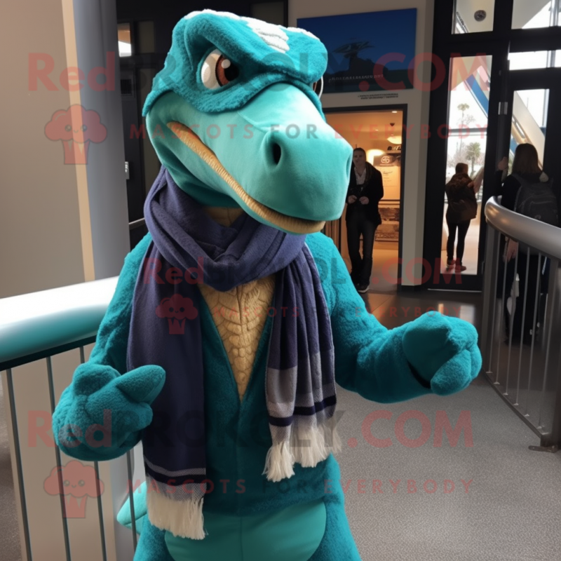 Teal Velociraptor mascot costume character dressed with a Jacket and Scarves