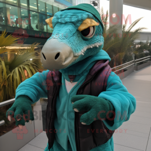 Teal Velociraptor mascot costume character dressed with a Jacket and Scarves