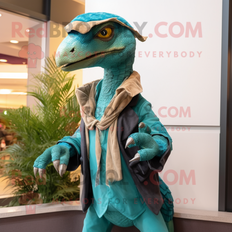 Teal Velociraptor mascot costume character dressed with a Jacket and Scarves