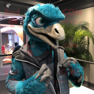 Teal Velociraptor mascot costume character dressed with a Jacket and Scarves