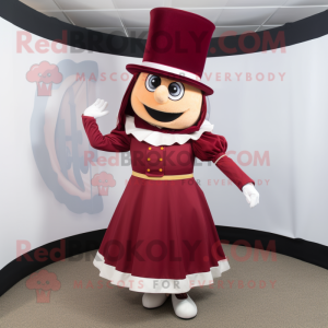 Maroon Ring Master mascot costume character dressed with a Skirt and Scarves