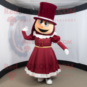 Maroon Ring Master mascot costume character dressed with a Skirt and Scarves