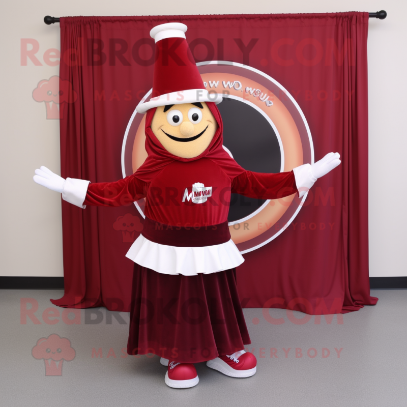 Maroon Ring Master mascot costume character dressed with a Skirt and Scarves Maroon Ring Master mascot costume character dressed with a Skirt and Scarves