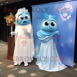 Sky Blue Pho mascot costume character dressed with a Wedding Dress and Wraps