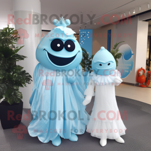 Sky Blue Pho mascot costume character dressed with a Wedding Dress and Wraps