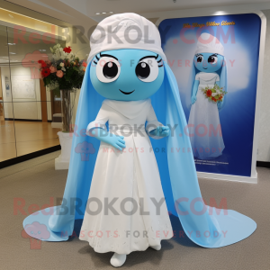 Sky Blue Pho mascot costume character dressed with a Wedding Dress and Wraps