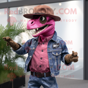 Magenta Velociraptor mascot costume character dressed with a Denim Shirt and Hats