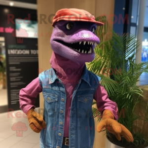 Magenta Velociraptor mascot costume character dressed with a Denim Shirt and Hats