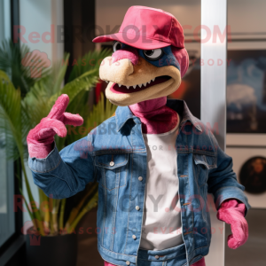 Magenta Velociraptor mascot costume character dressed with a Denim Shirt and Hats