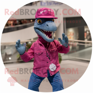 Magenta Velociraptor mascot costume character dressed with a Denim Shirt and Hats