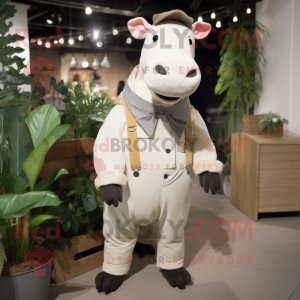 Cream Tapir mascot costume character dressed with a Dungarees and Tie pins