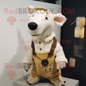 Cream Tapir mascot costume character dressed with a Dungarees and Tie pins