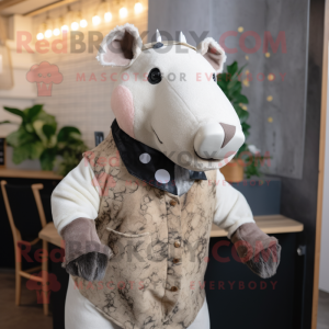 Cream Tapir mascot costume character dressed with a Dungarees and Tie pins