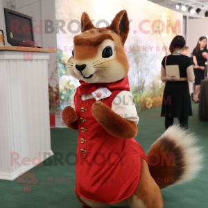 Red Squirrel mascot costume character dressed with a Empire Waist Dress and Pocket squares